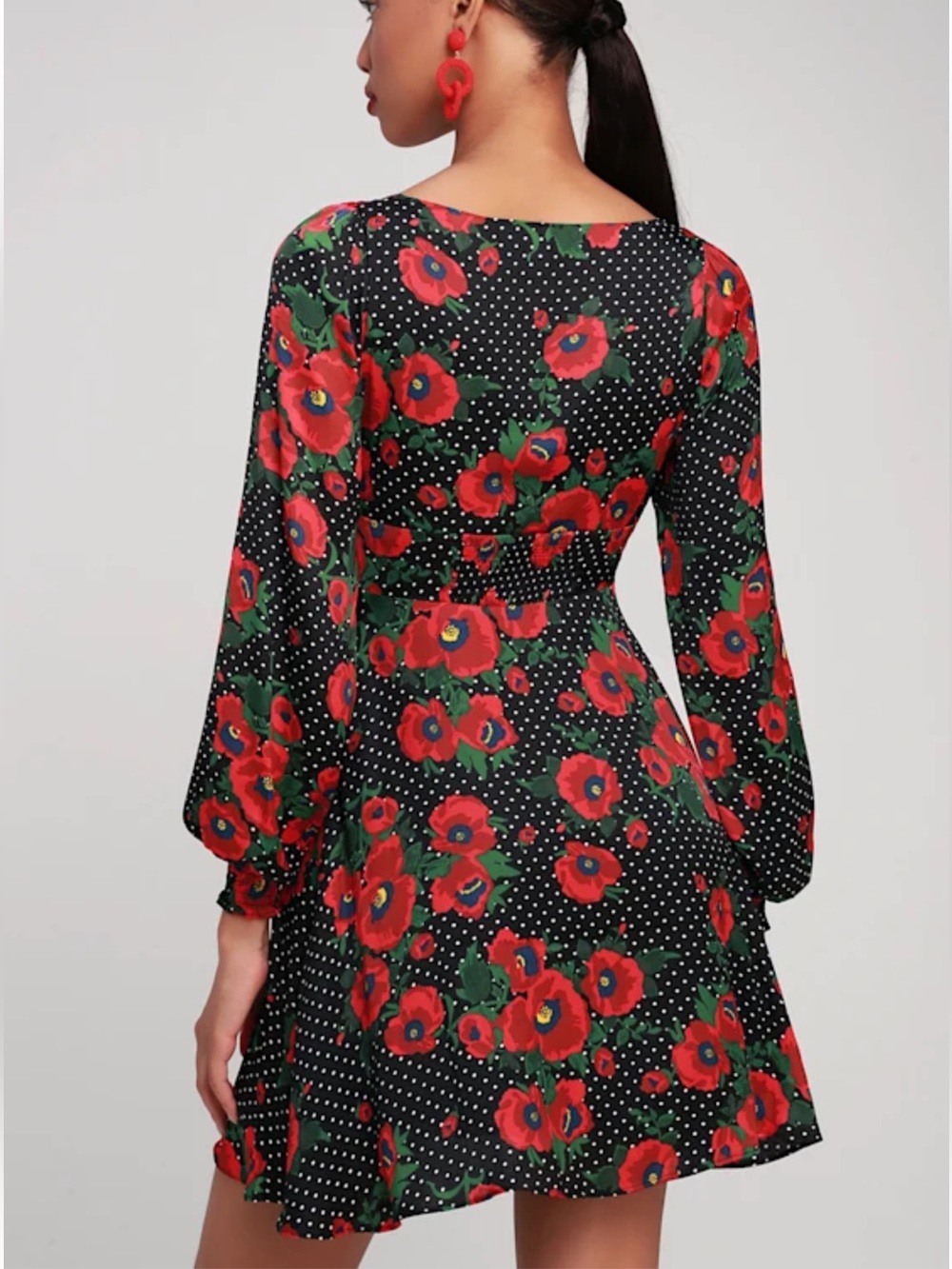 Free People Morning Light Floral Long Sleeve Mini Dress Black and Red Polka Dots - Picture 6 of 10